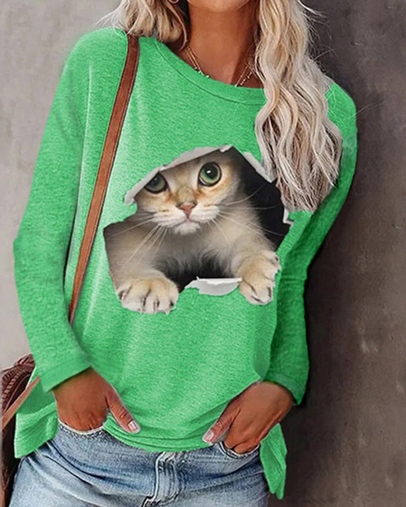 Long-sleeved top with cat print