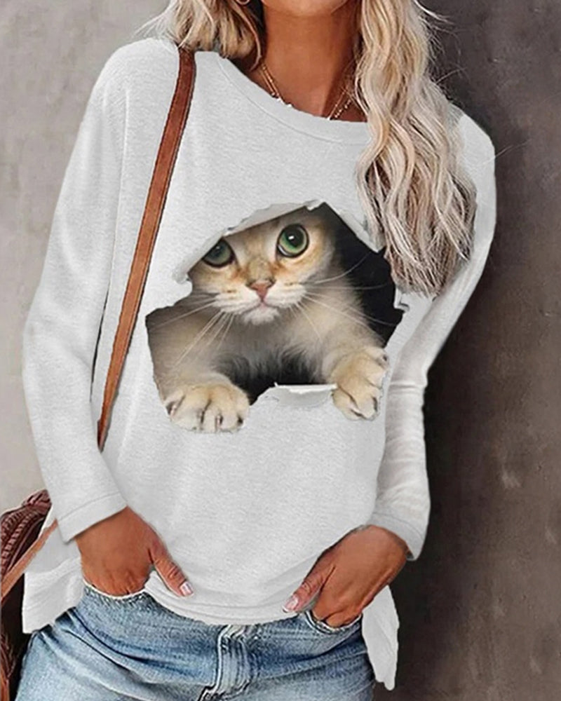Long-sleeved top with cat print