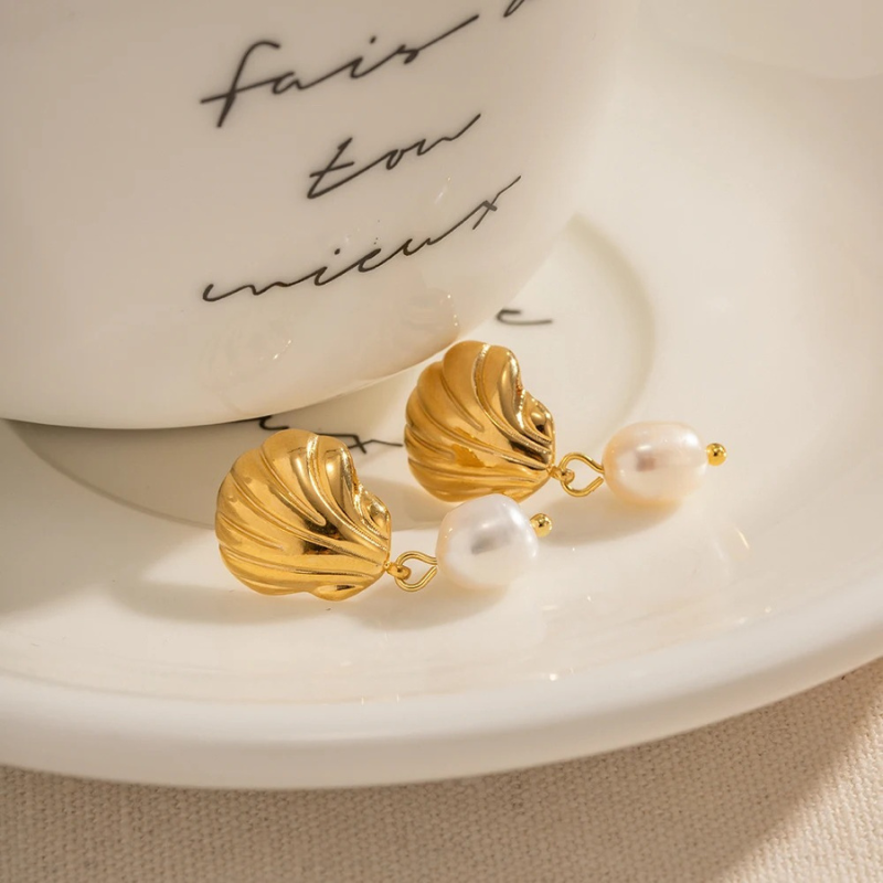 Elegant Gold Plated Shell and Freshwater Pearl Earrings - Sally