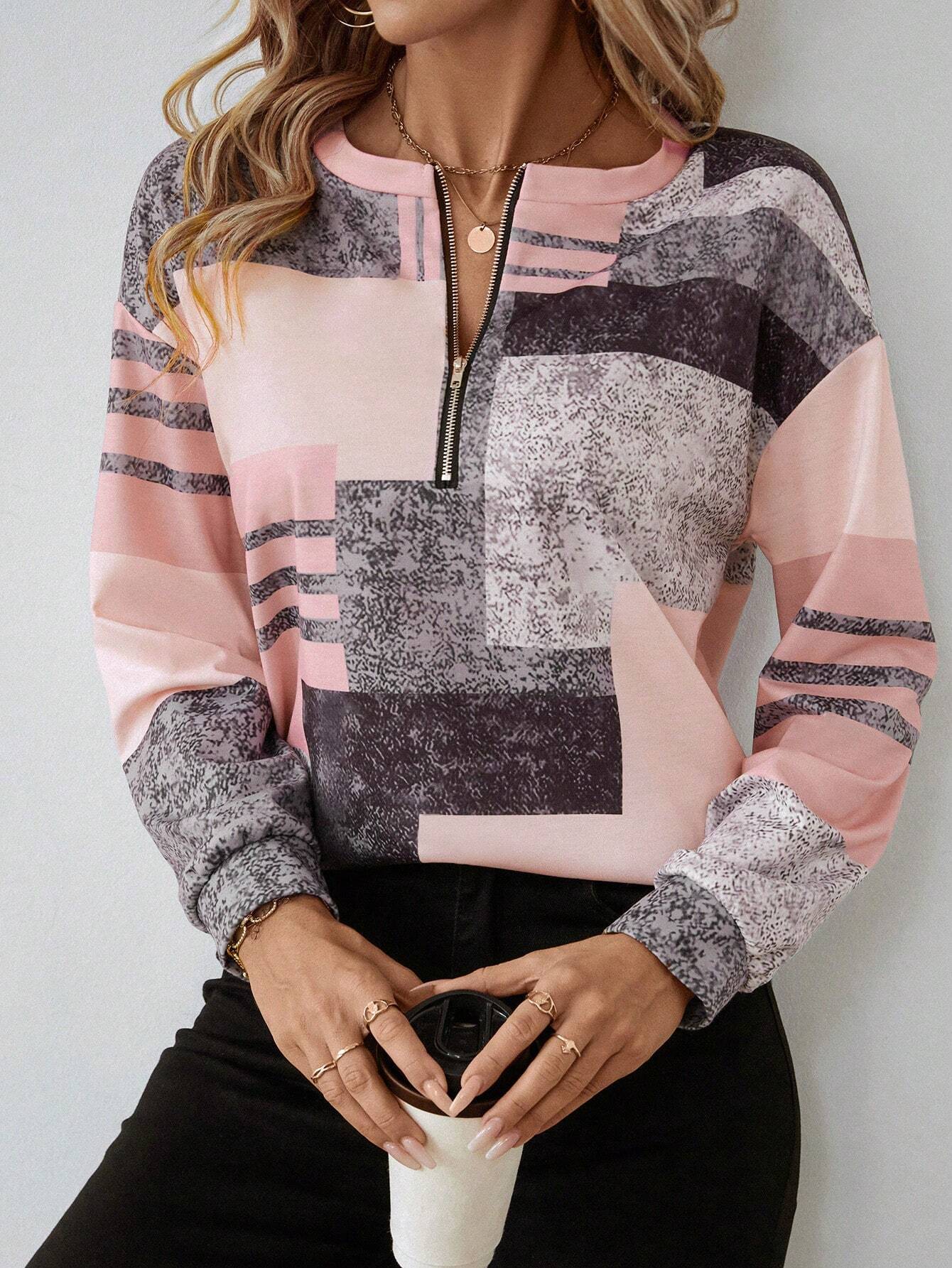 Geometric Casual Half-Zip Sweatshirt