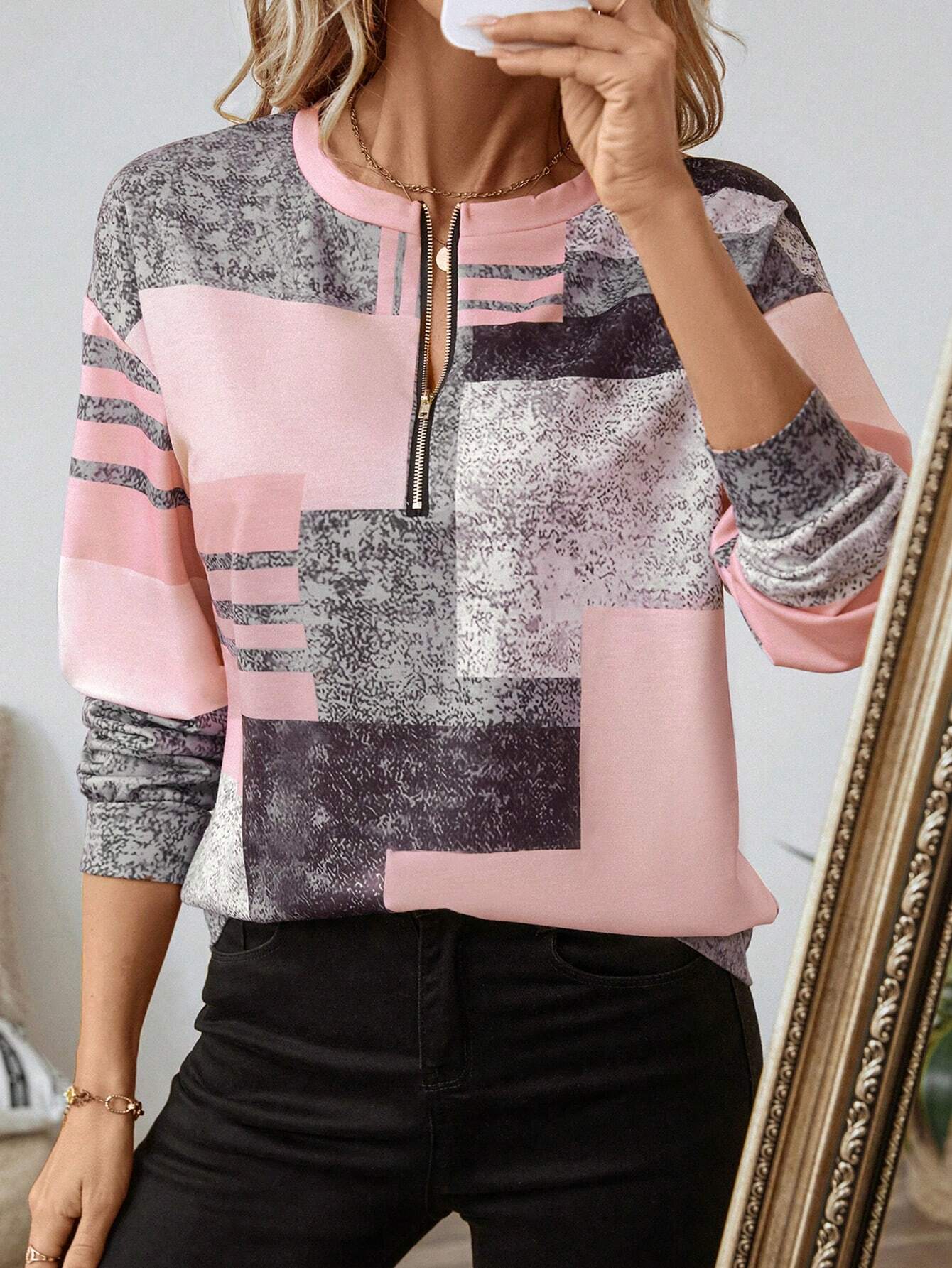 Geometric Casual Half-Zip Sweatshirt