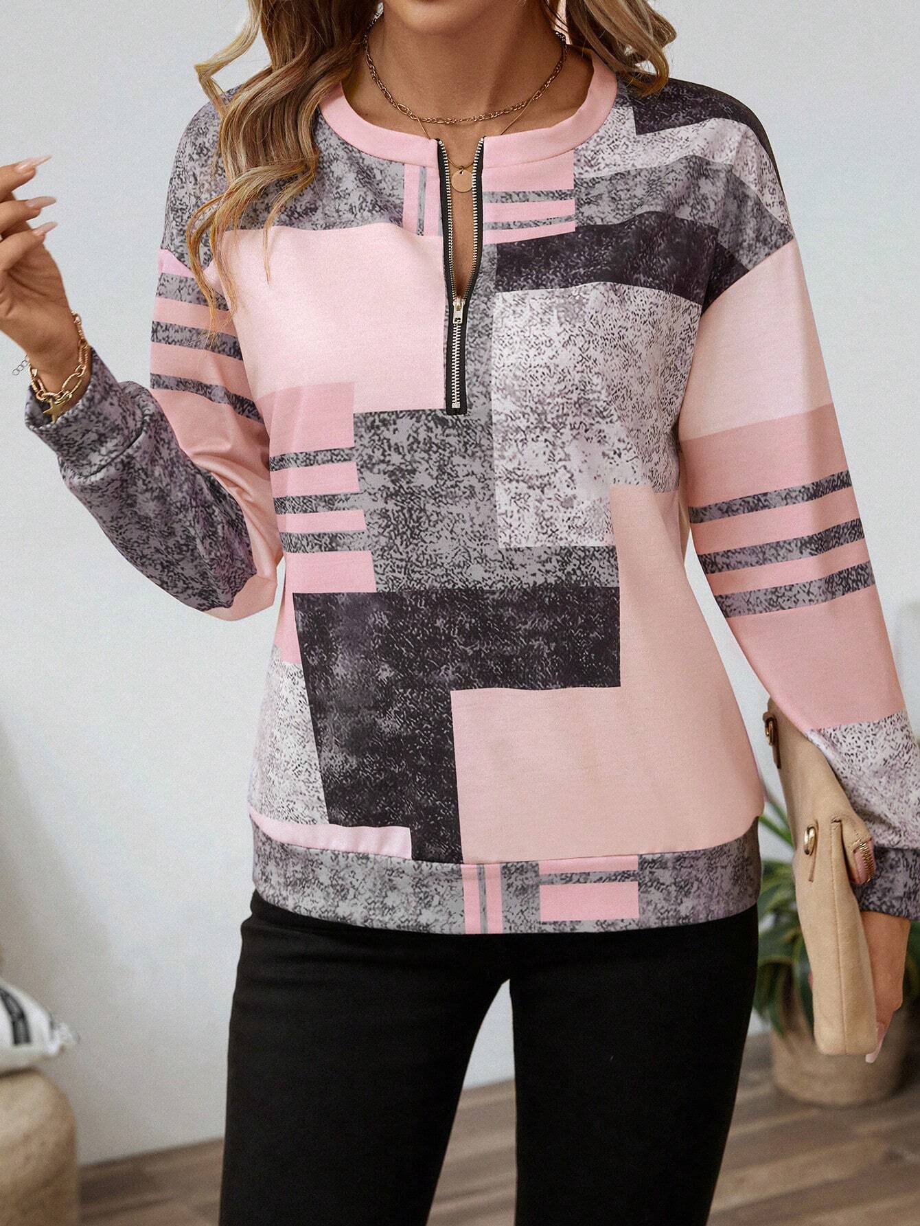 Geometric Casual Half-Zip Sweatshirt