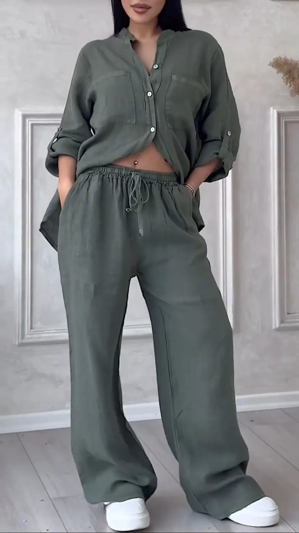 Rose V-Neck Cotton Linen Casual Suit