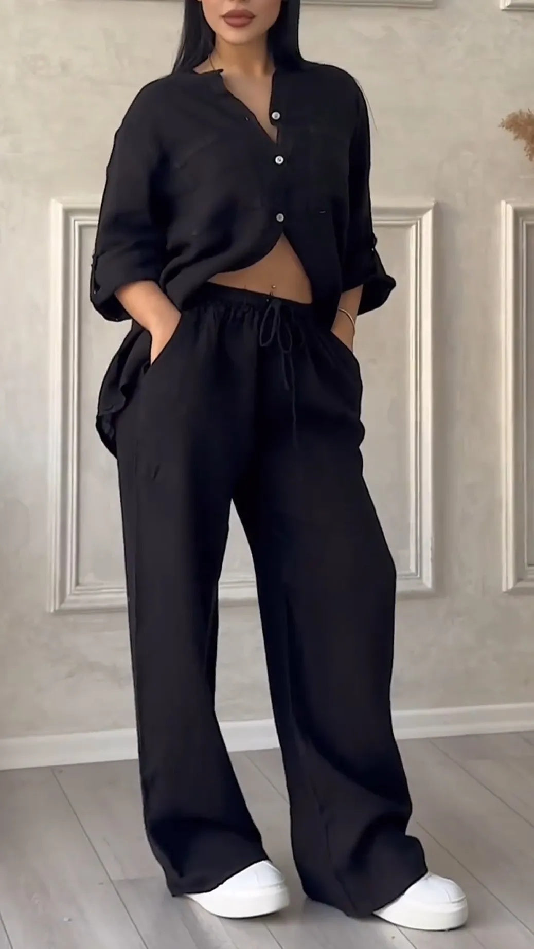 Rose V-Neck Cotton Linen Casual Suit