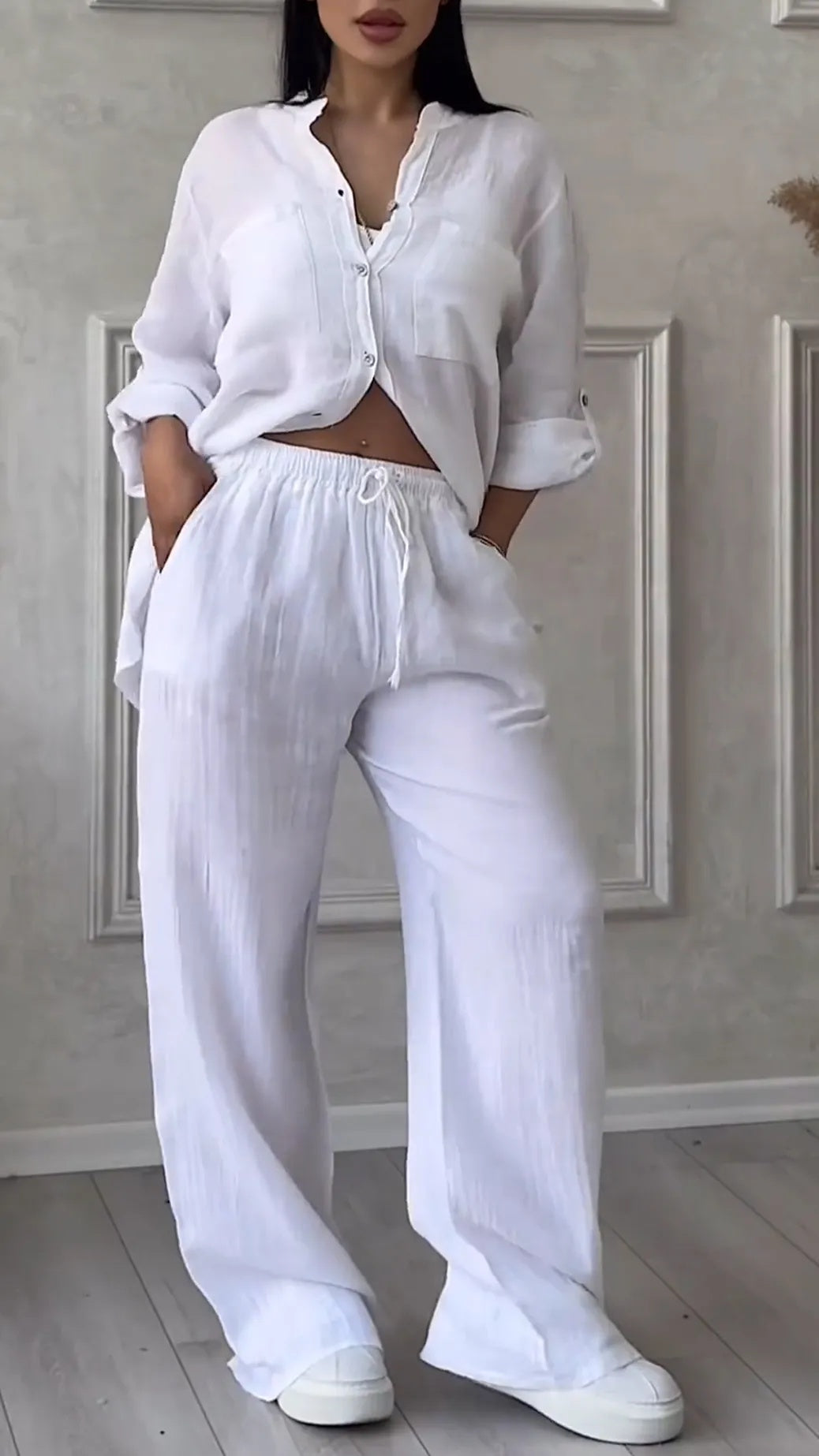 Rose V-Neck Cotton Linen Casual Suit