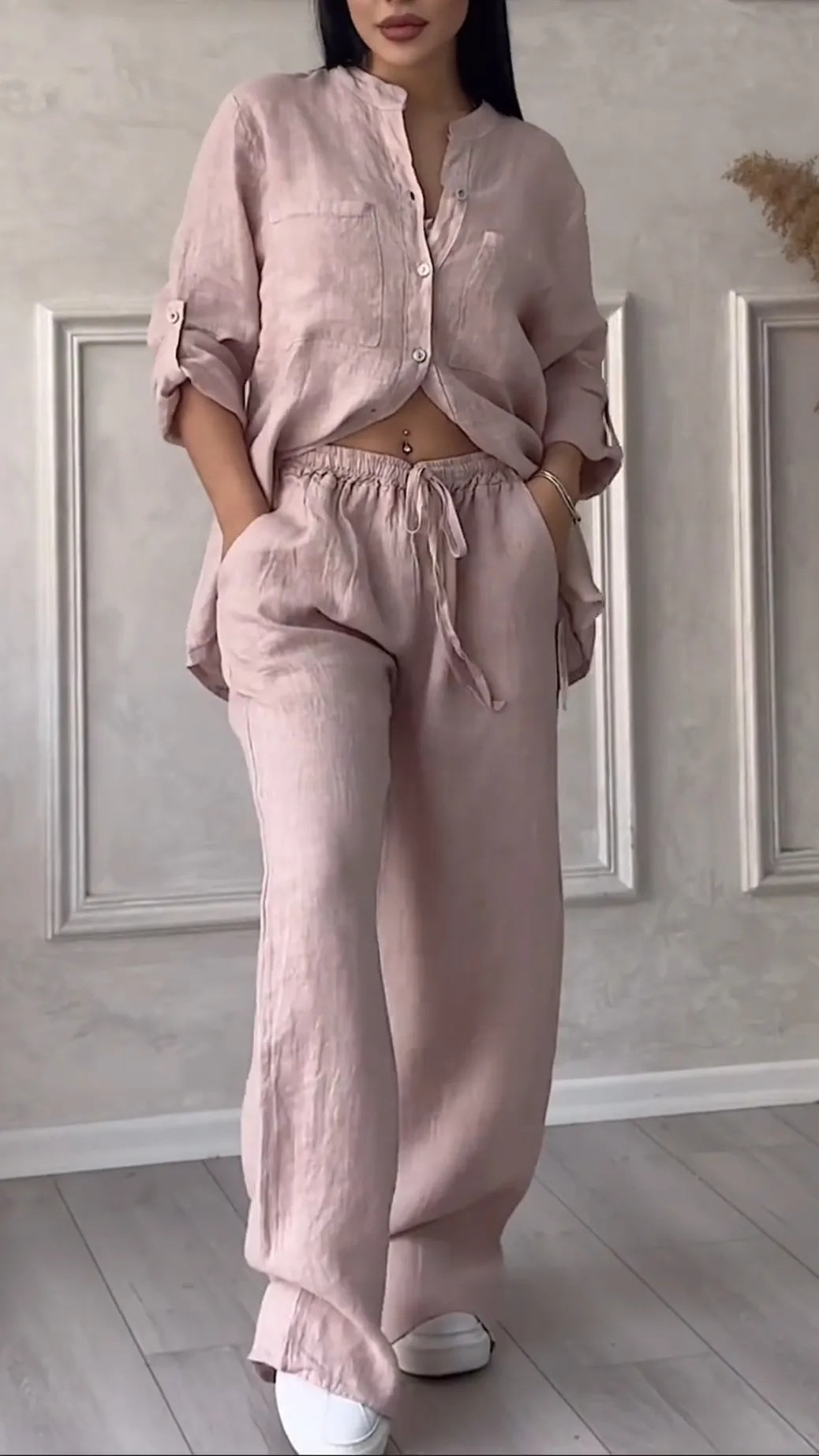 Rose V-Neck Cotton Linen Casual Suit