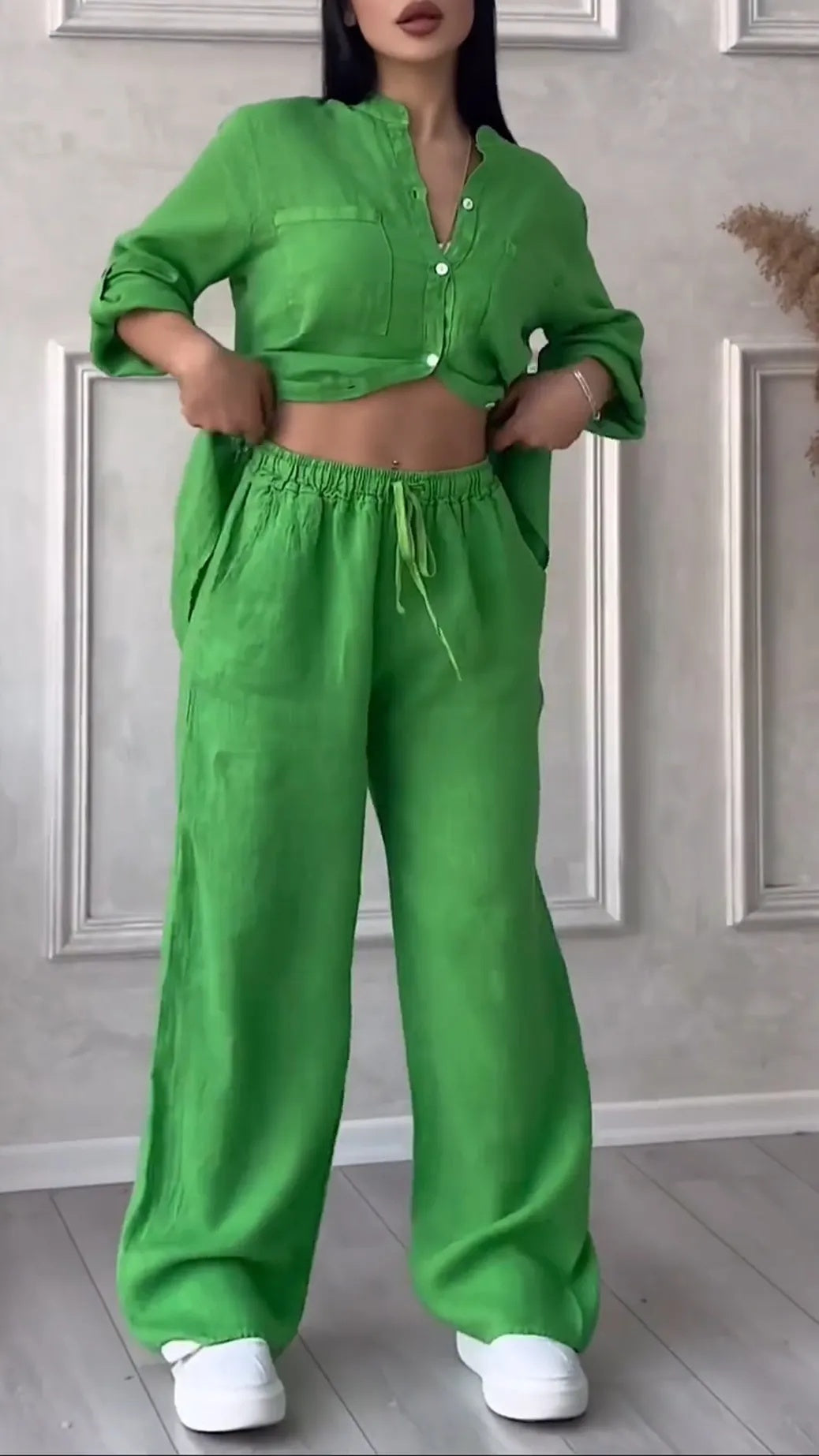 Rose V-Neck Cotton Linen Casual Suit