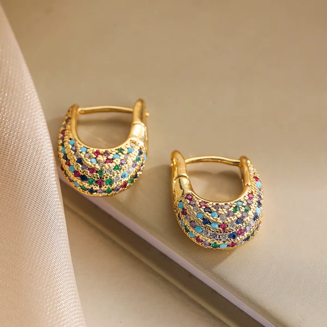 Stylish Colorful Inlaid Crystal Earrings with Gold Finish