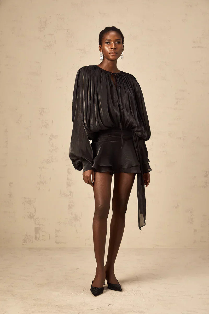 Black Gerafelde Pleated Mini Dress