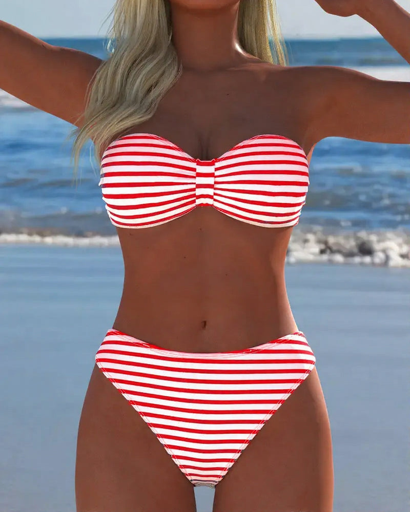 Two-piece striped high-waisted triangle swimsuit