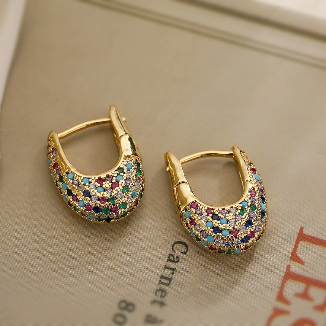 Stylish Colorful Inlaid Crystal Earrings with Gold Finish