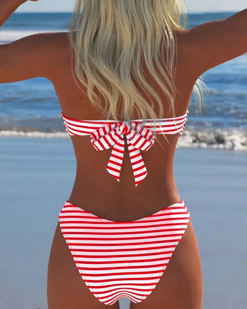 Two-piece striped high-waisted triangle swimsuit