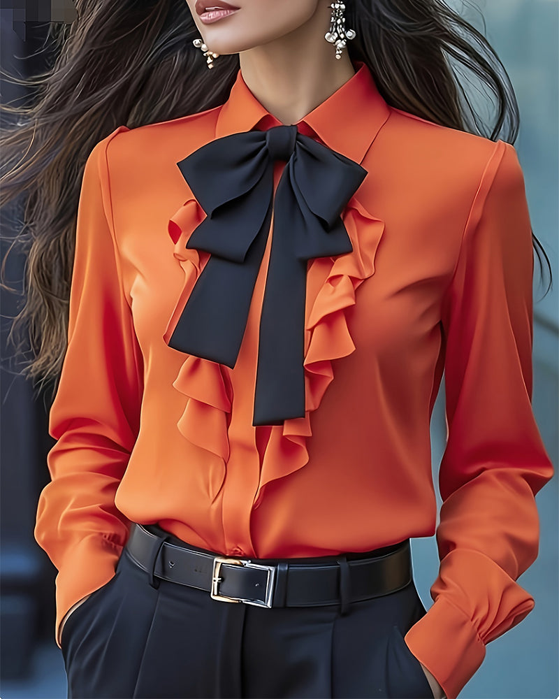 Long-Sleeved Blouse with Bow and Ruffles