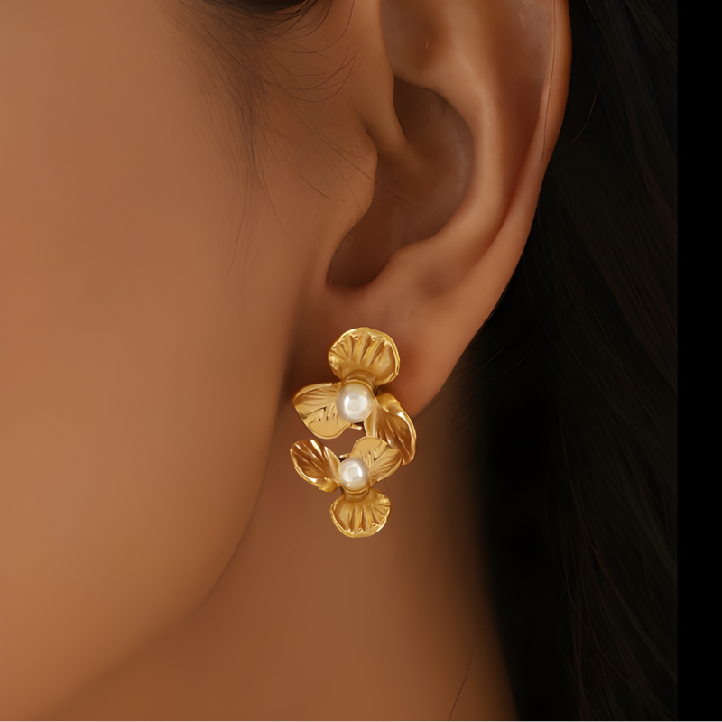 Golden Flower Earrings with Pearls - Jean