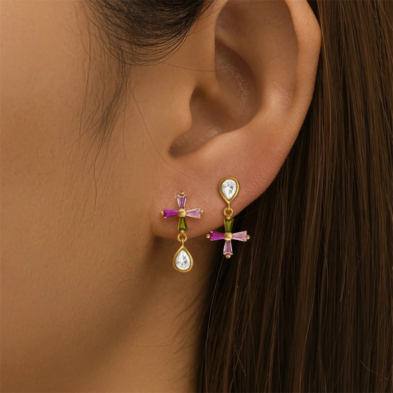 Asymmetrical Zircon Cross Earrings - Maria