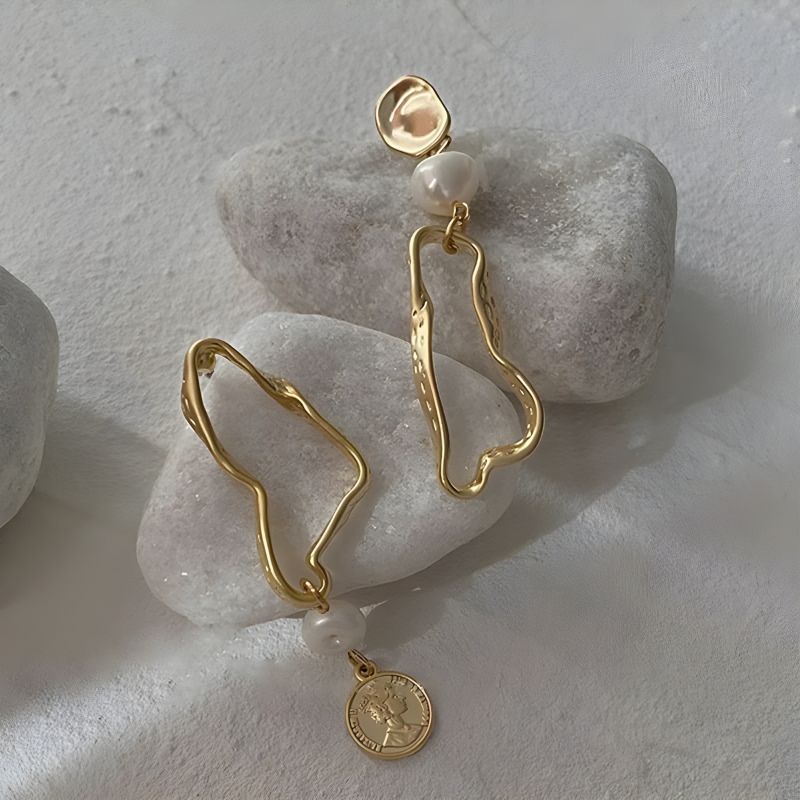 Elegant asymmetrical baroque pearl earrings with hanging design - Rachel