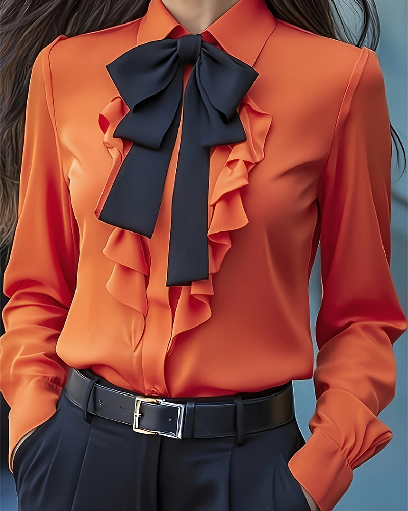 Long-Sleeved Blouse with Bow and Ruffles