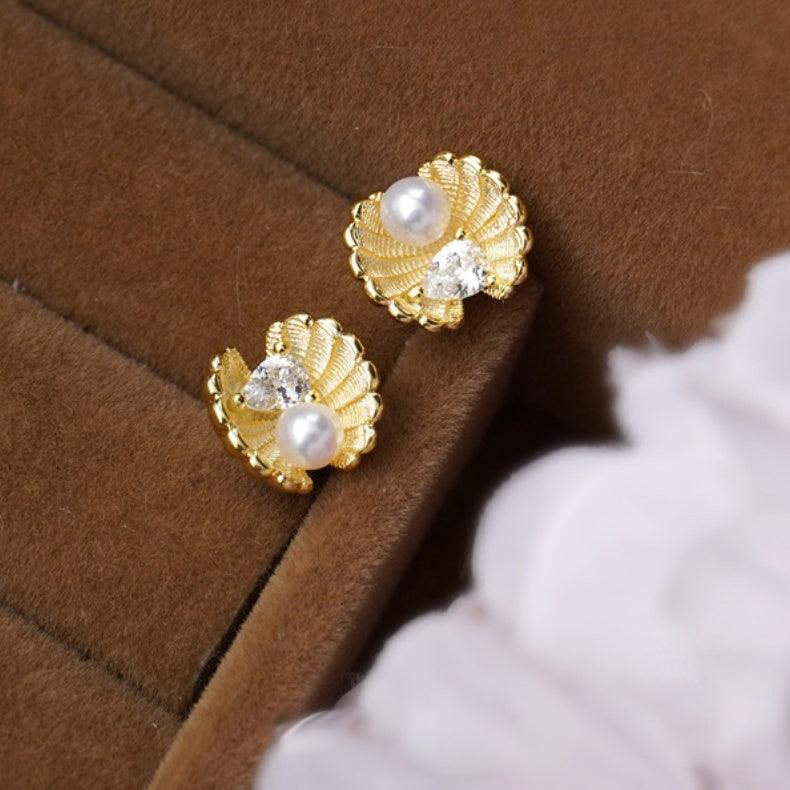 Stylish French Pearl Shell Earrings with Sun Charm - Elegance and Sunshine in One
