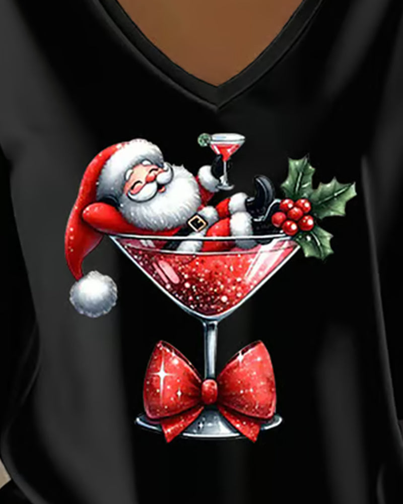 Loose Sitting Top with V-Neck and Christmas Print with Wine Glass