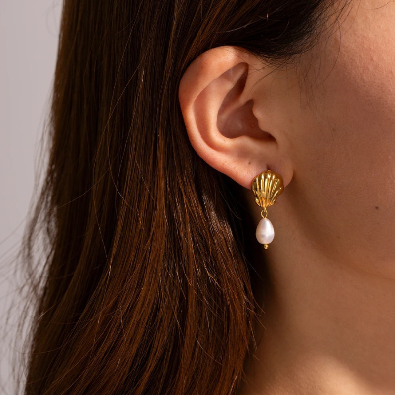 Elegant Gold Plated Shell and Freshwater Pearl Earrings - Sally