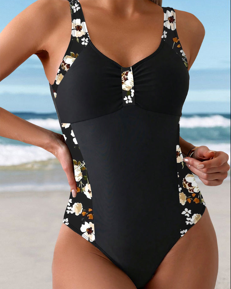 Sleeveless Printed Contrast Swimsuit