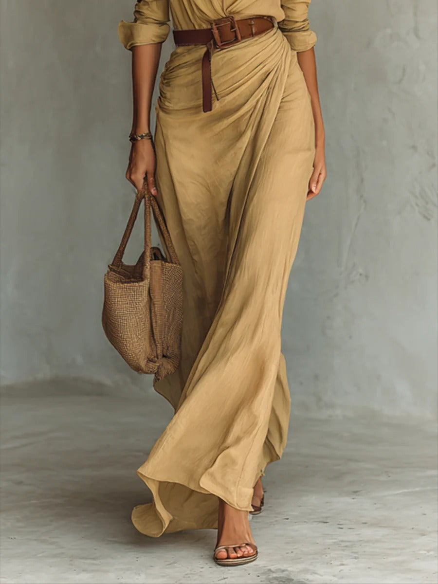 Long Belted Dress with Long Sleeve and Lapel Collar