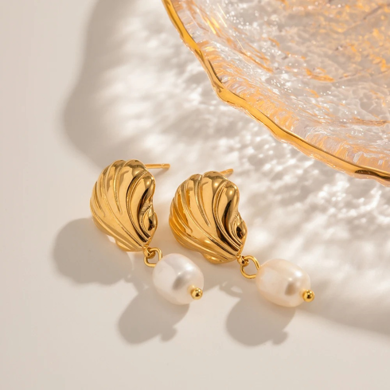 Elegant Gold Plated Shell and Freshwater Pearl Earrings - Sally