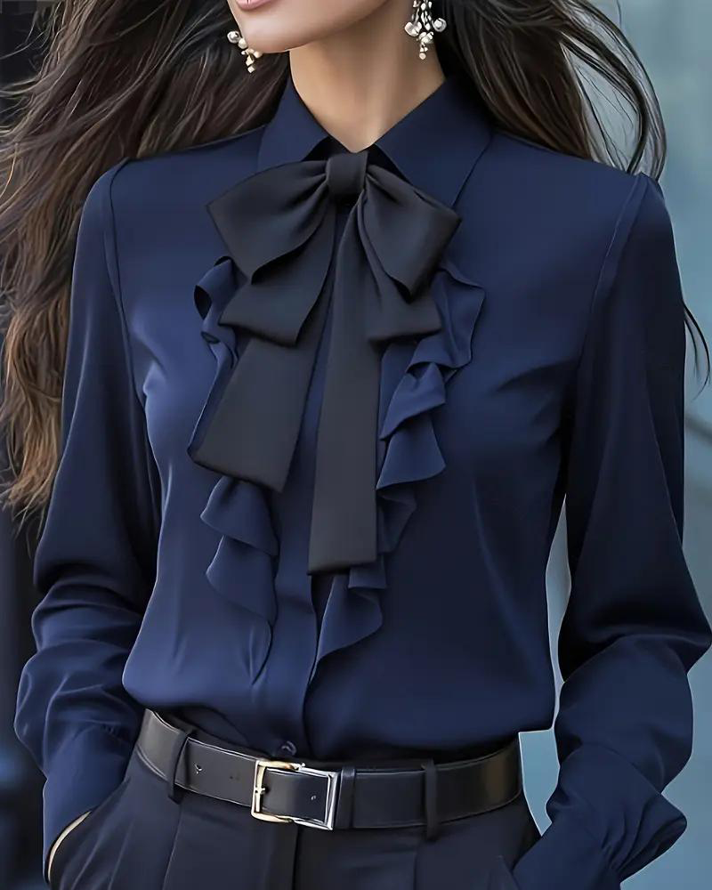 Long-Sleeved Blouse with Bow and Ruffles