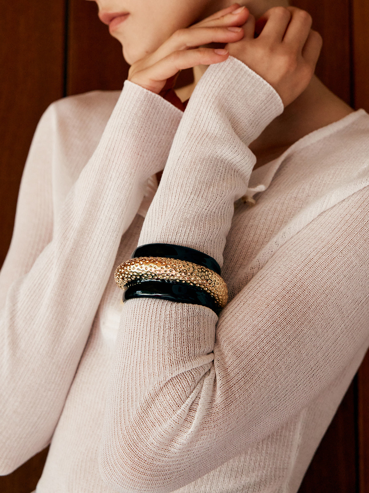 Stylish Two-Tone Hammered Wide Bracelet