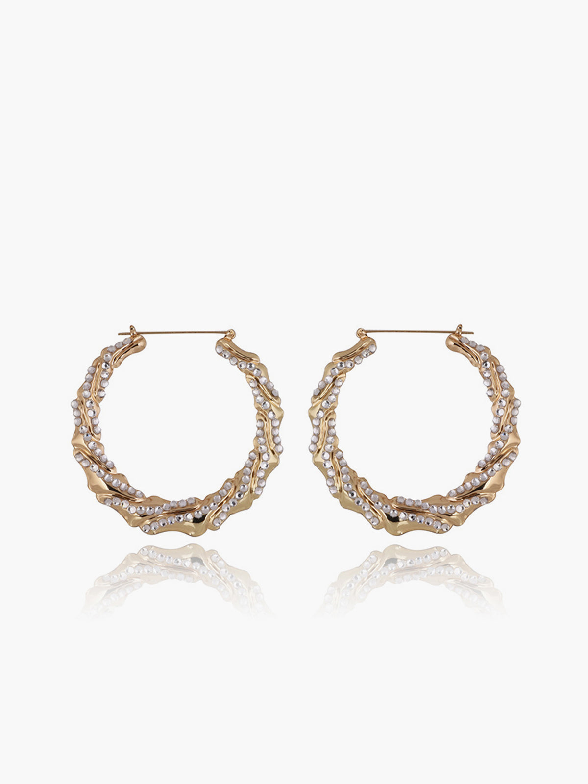 Large round bamboo earrings decorated with shiny rhinestones
