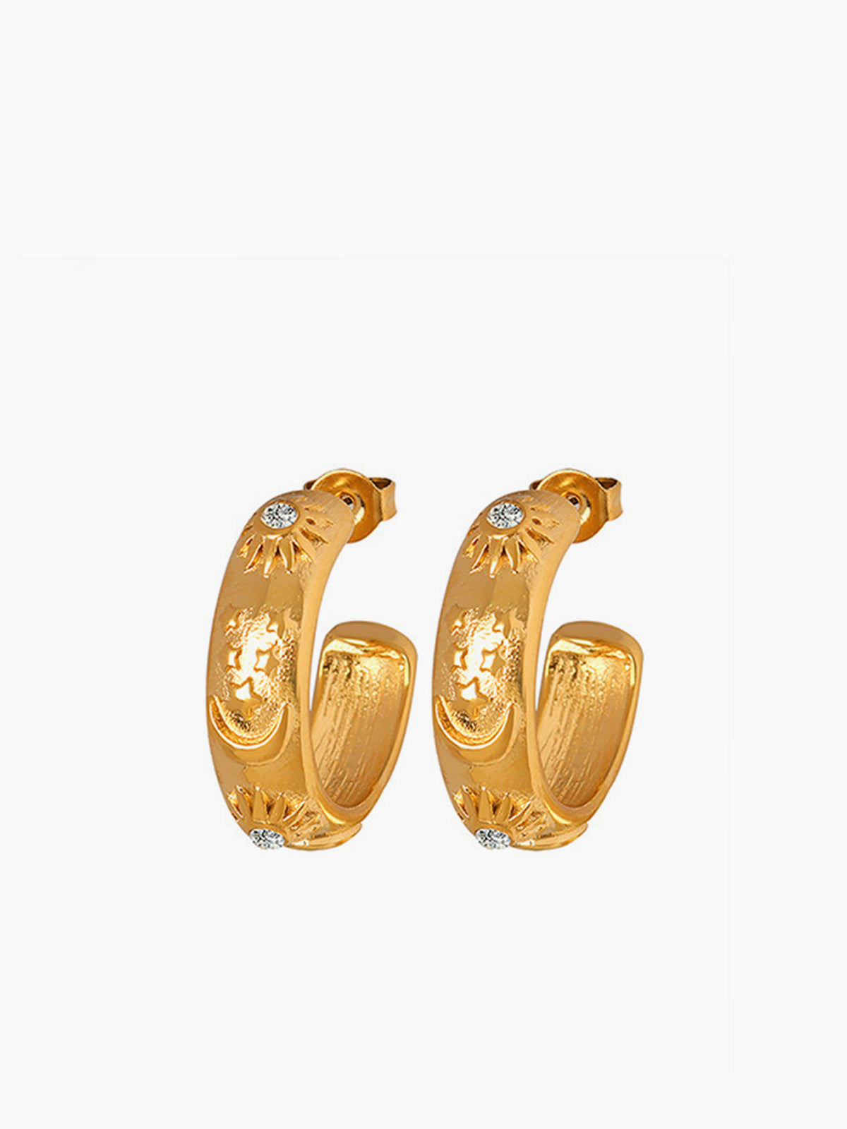 Creole earrings with relief motif and sparkling zirconia