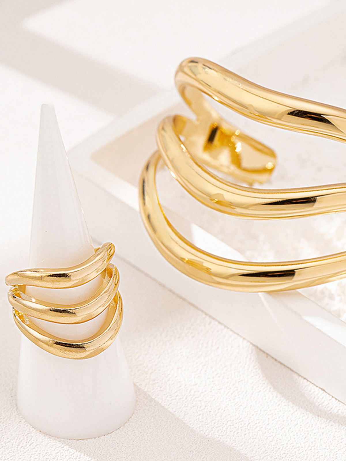 Elegant Sculpted Curve Bangle and Ring Duo