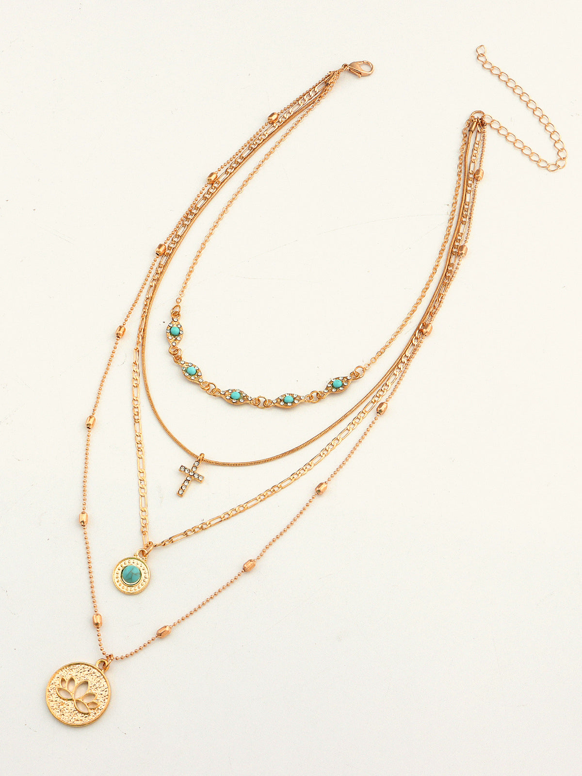 Multilayer Gold Necklace with Turquoise and Pendants for a Sophisticated Style