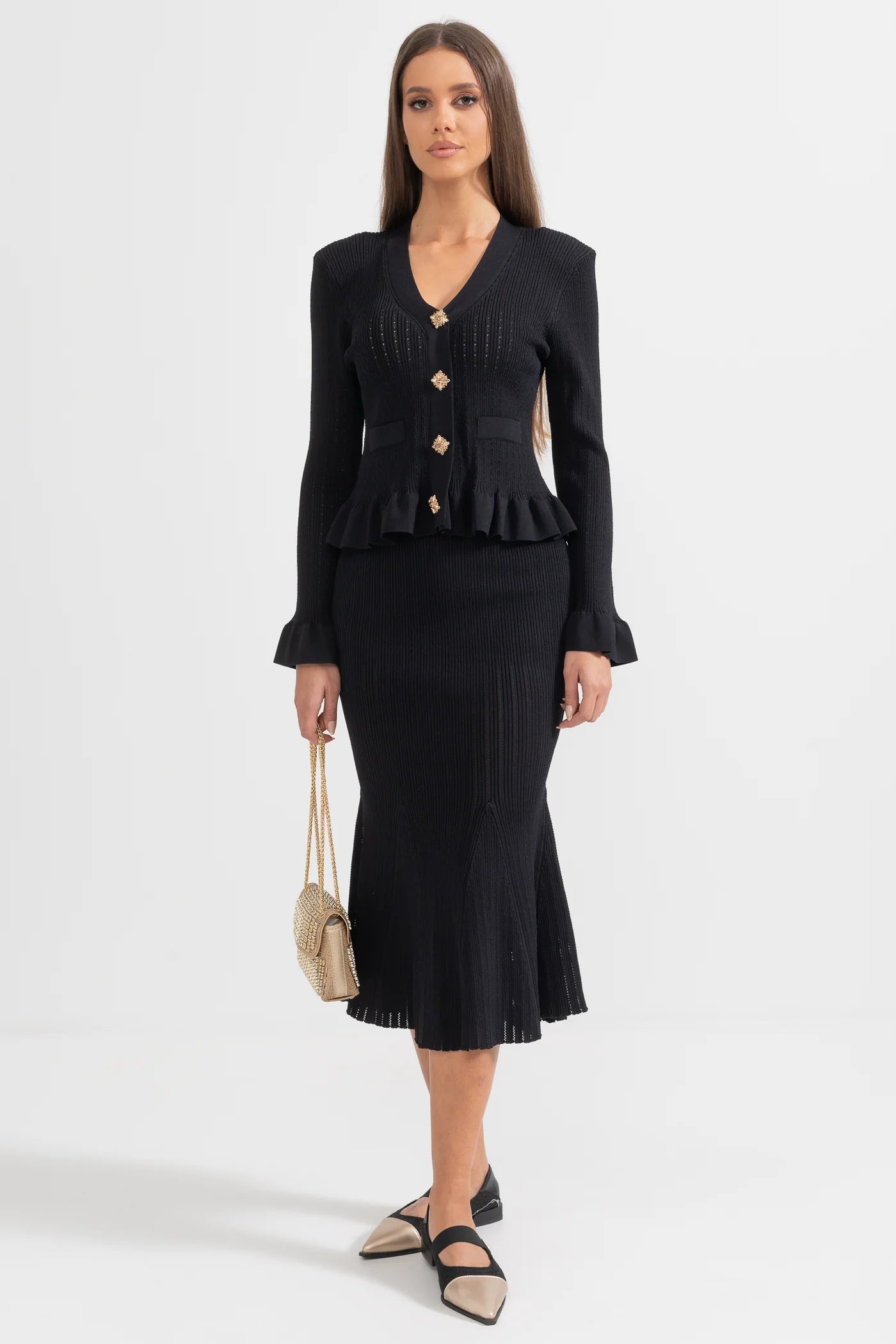 Ruffled Jacket & Flared Skirt Knit Matching Set