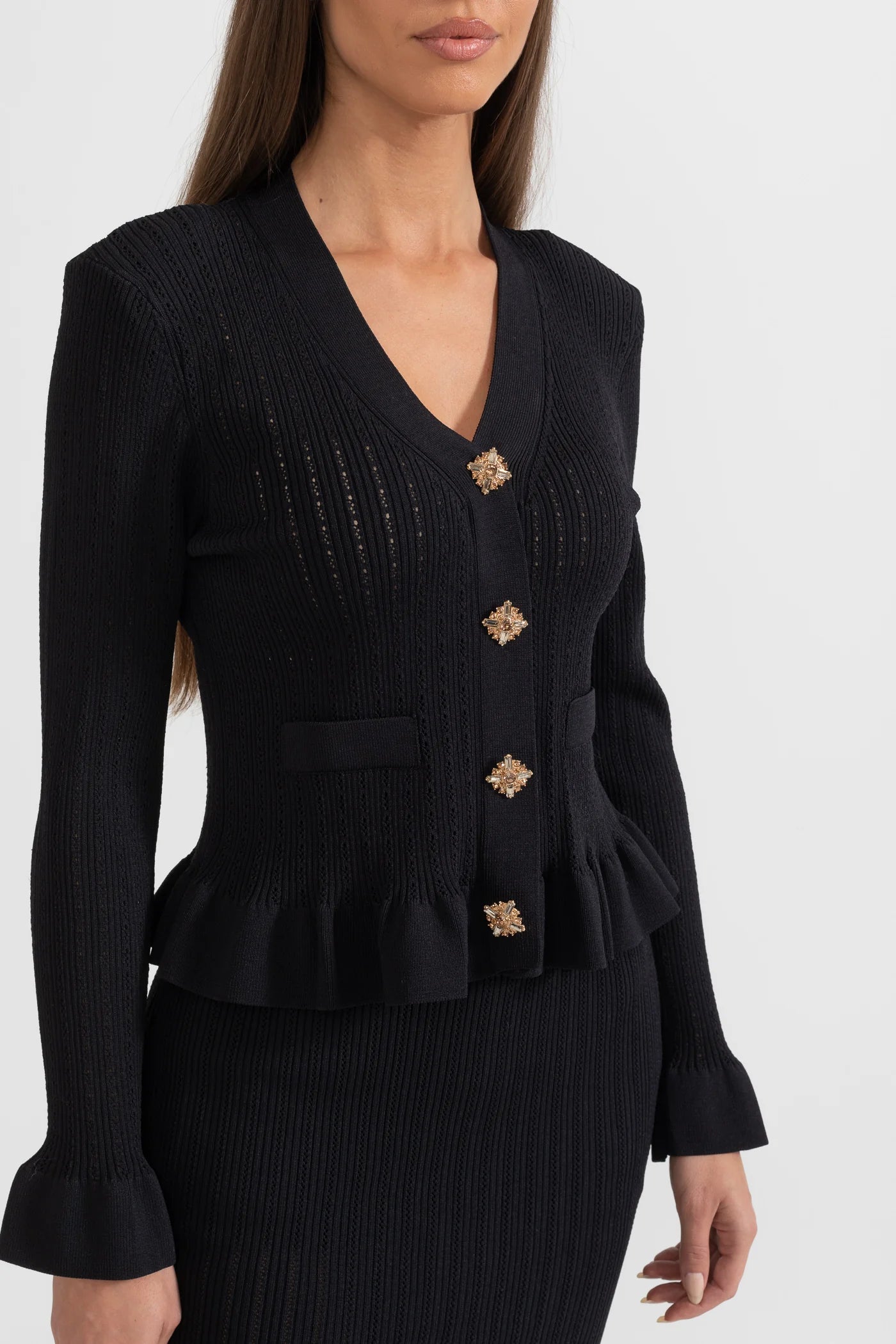 Ruffled Jacket & Flared Skirt Knit Matching Set