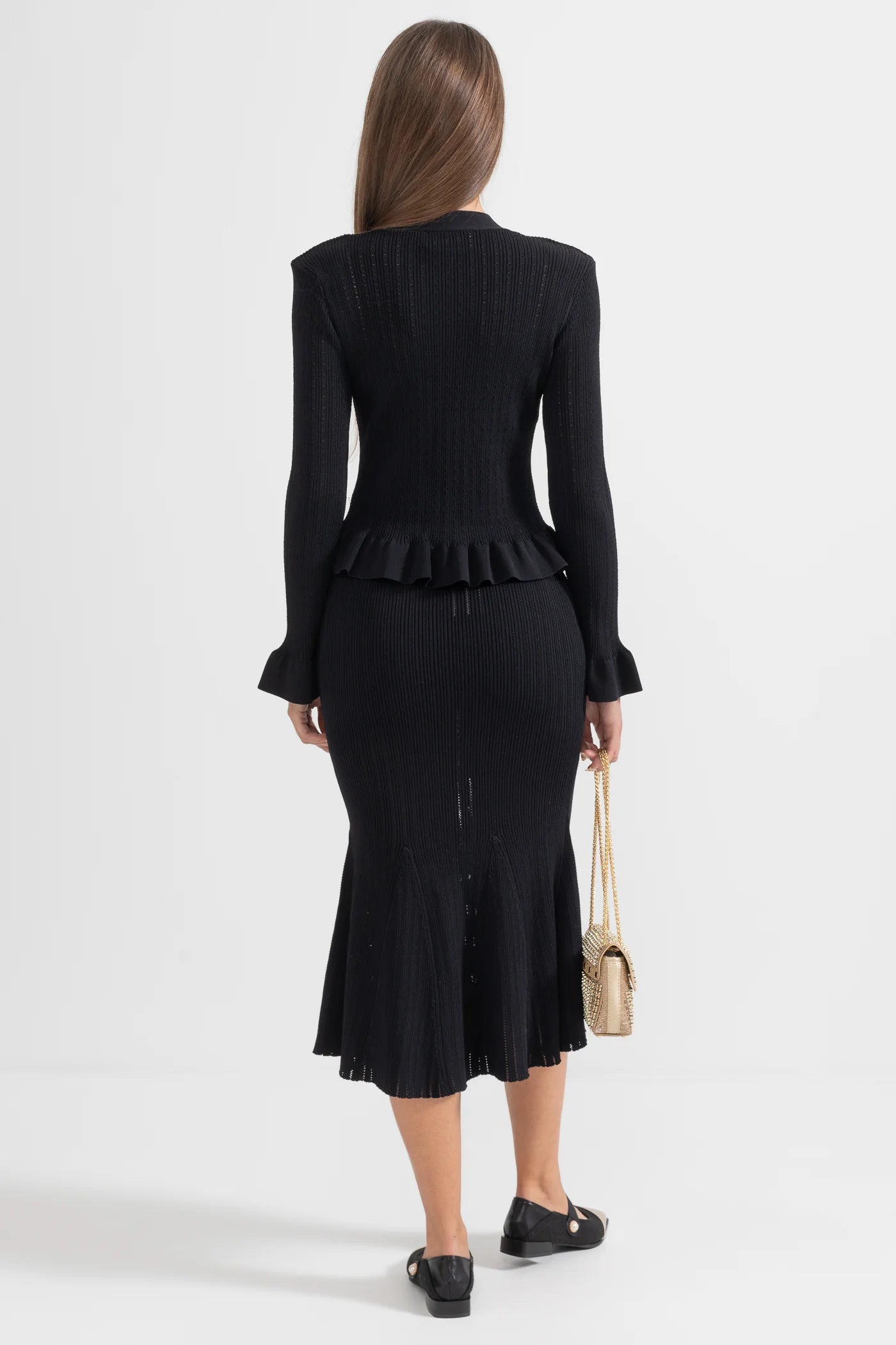 Ruffled Jacket & Flared Skirt Knit Matching Set