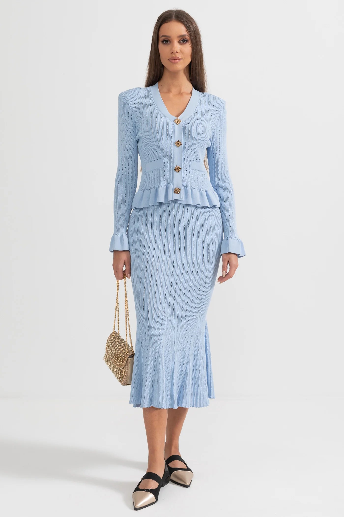 Ruffled Jacket & Flared Skirt Knit Matching Set