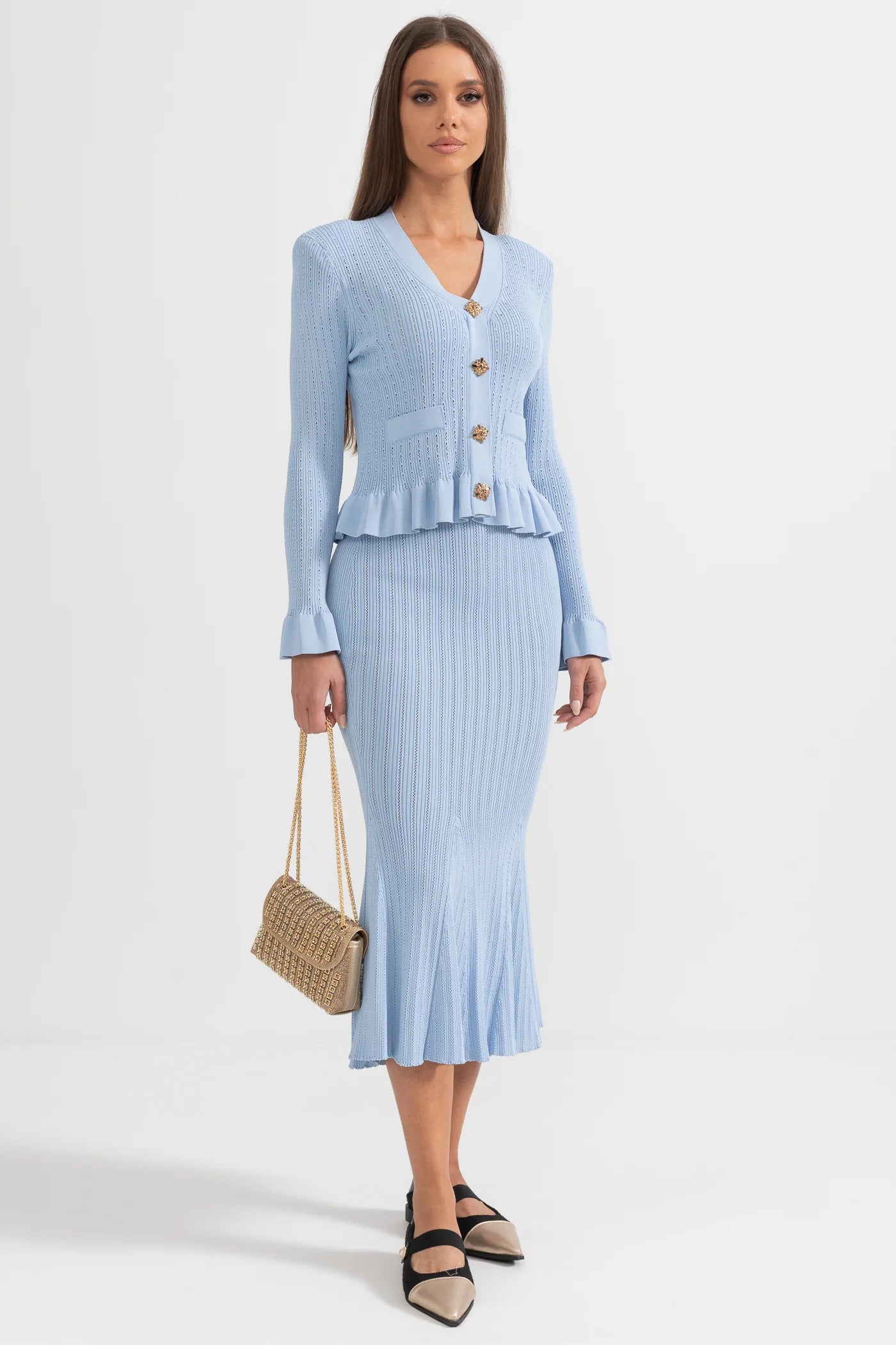 Ruffled Jacket & Flared Skirt Knit Matching Set