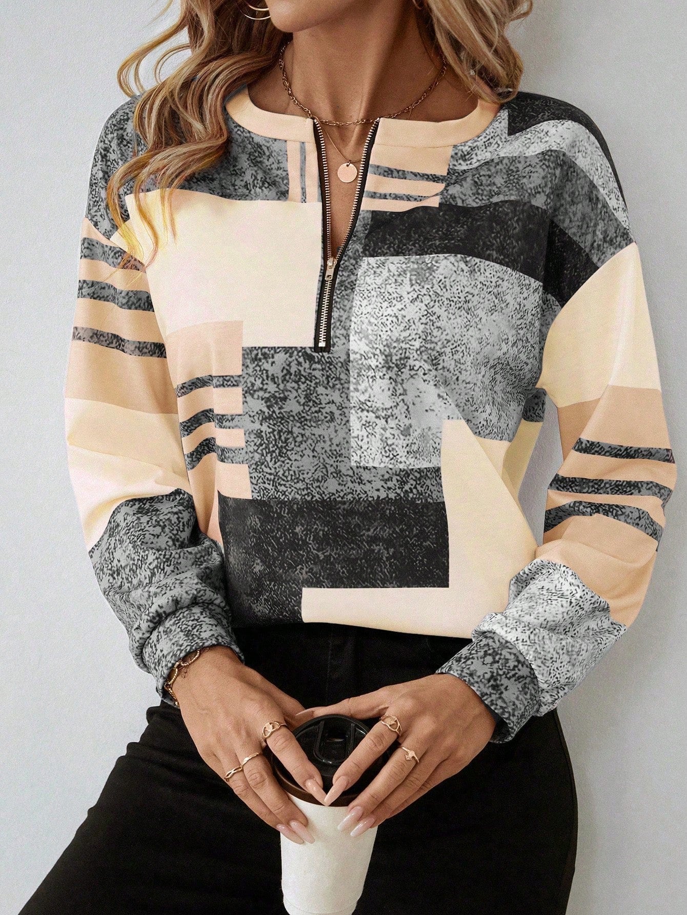 Geometric Casual Half-Zip Sweatshirt