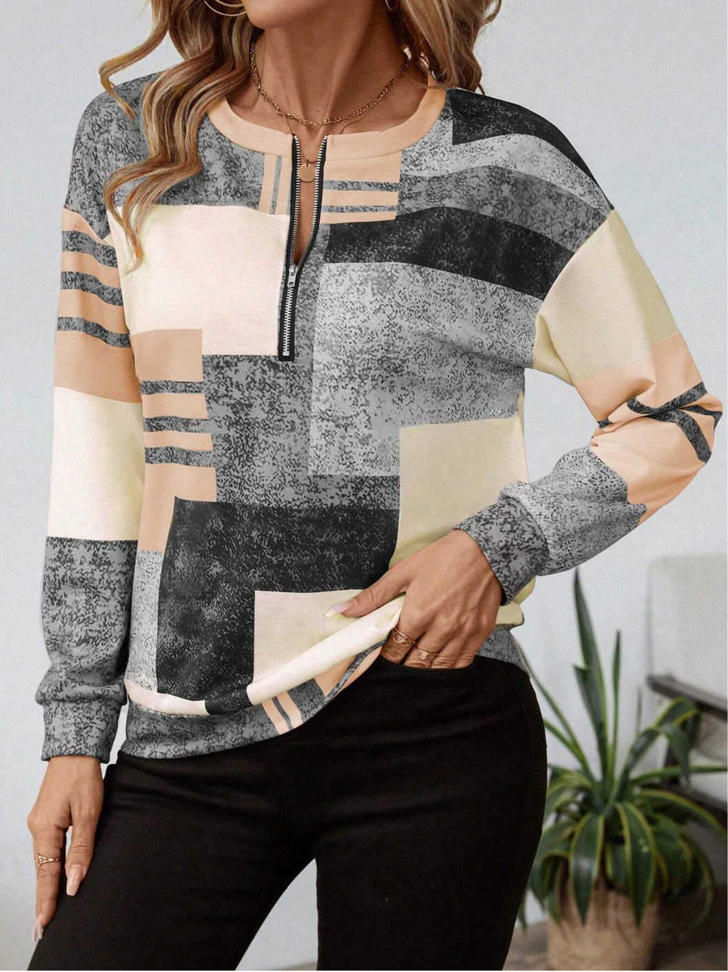 Geometric Casual Half-Zip Sweatshirt