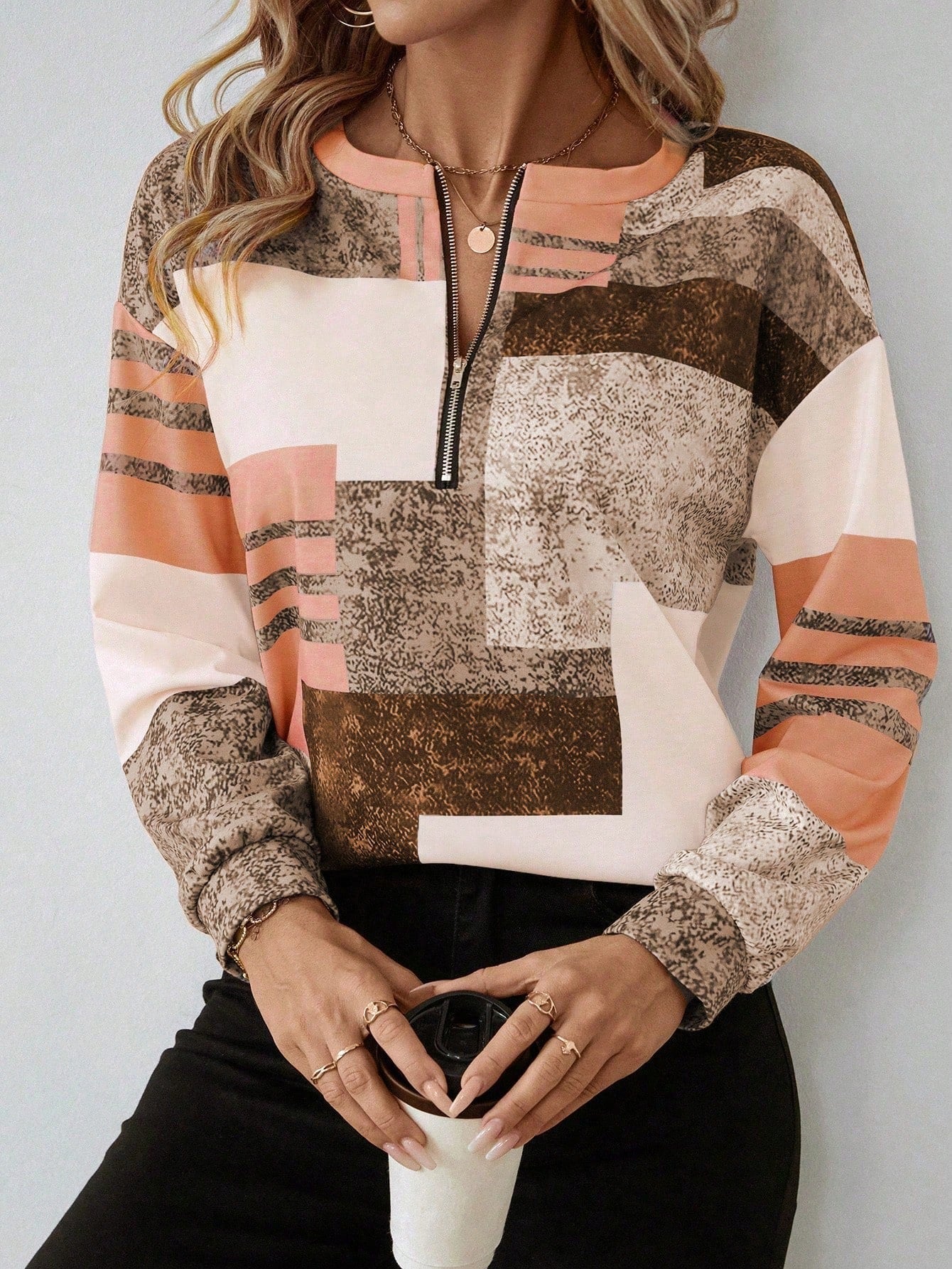 Geometric Casual Half-Zip Sweatshirt