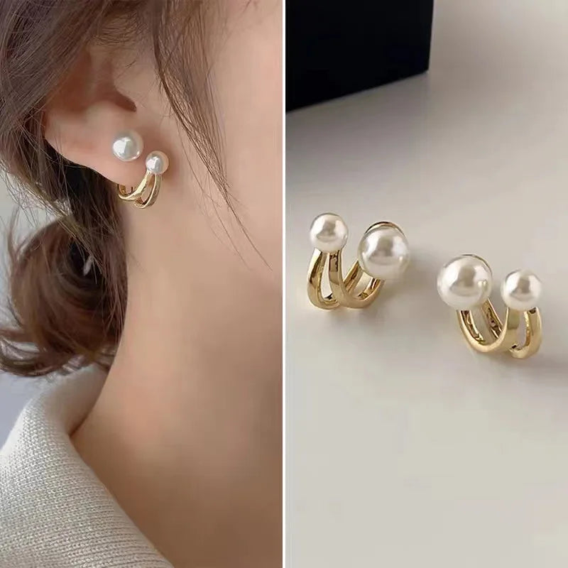 Elegant Pearl Earrings – Gold-Colored Double-Layered Design Studs