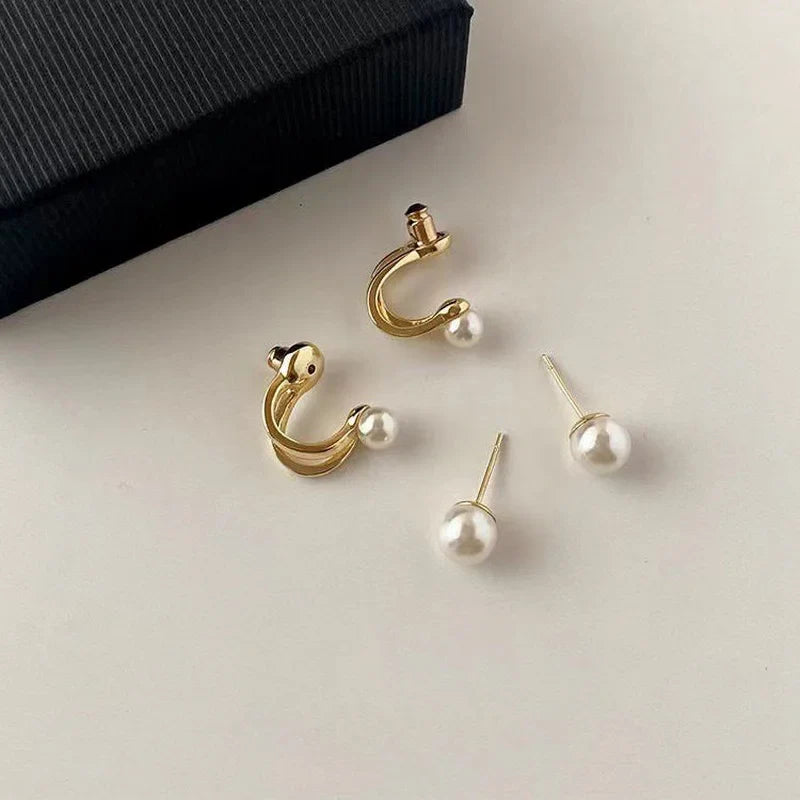 Elegant Pearl Earrings – Gold-Colored Double-Layered Design Studs