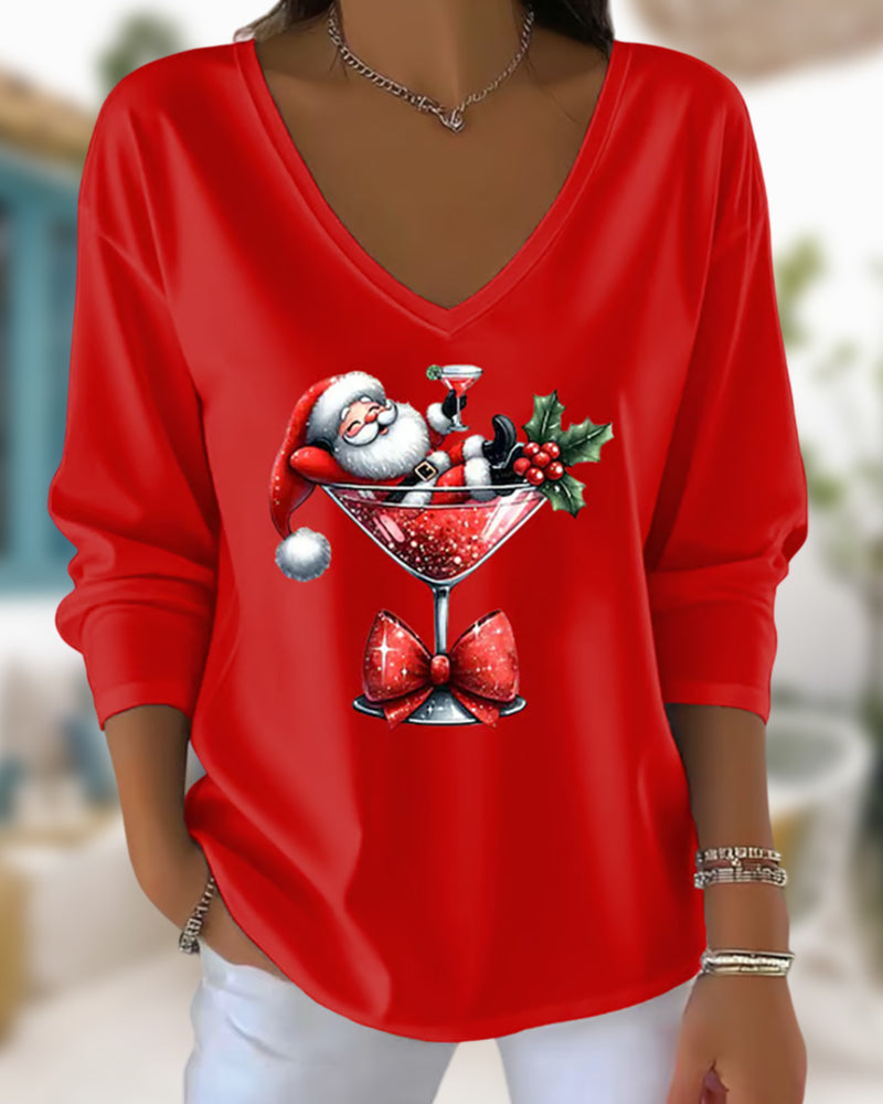 Loose Sitting Top with V-Neck and Christmas Print with Wine Glass