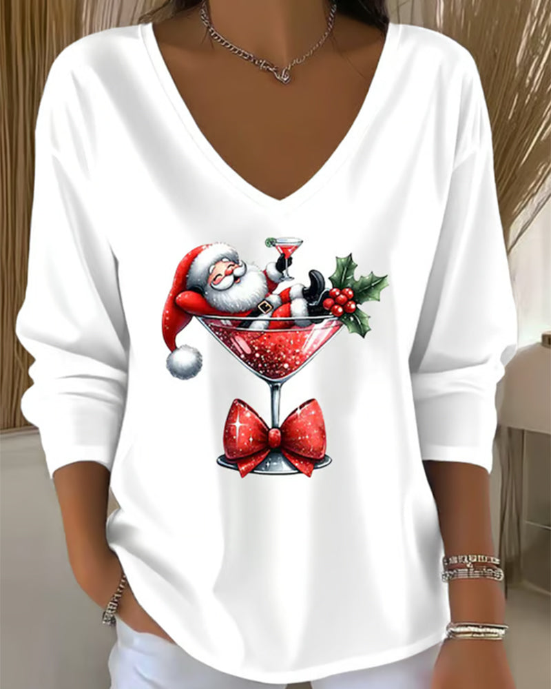Loose Sitting Top with V-Neck and Christmas Print with Wine Glass