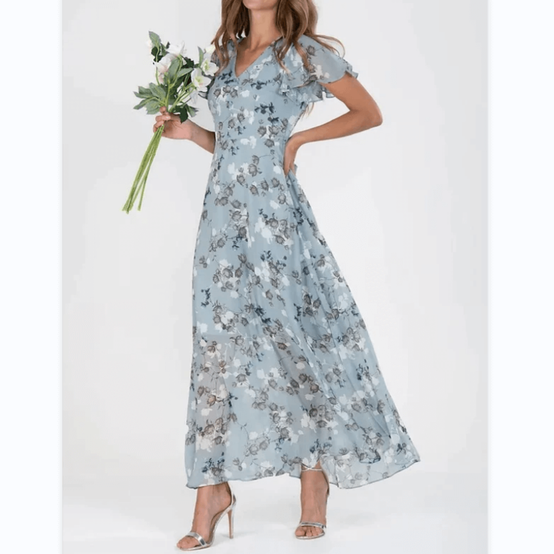 Women’s A-Line Maxi Dress – V-Neck, Flutter Sleeves, Floral Print, Wedding Guest