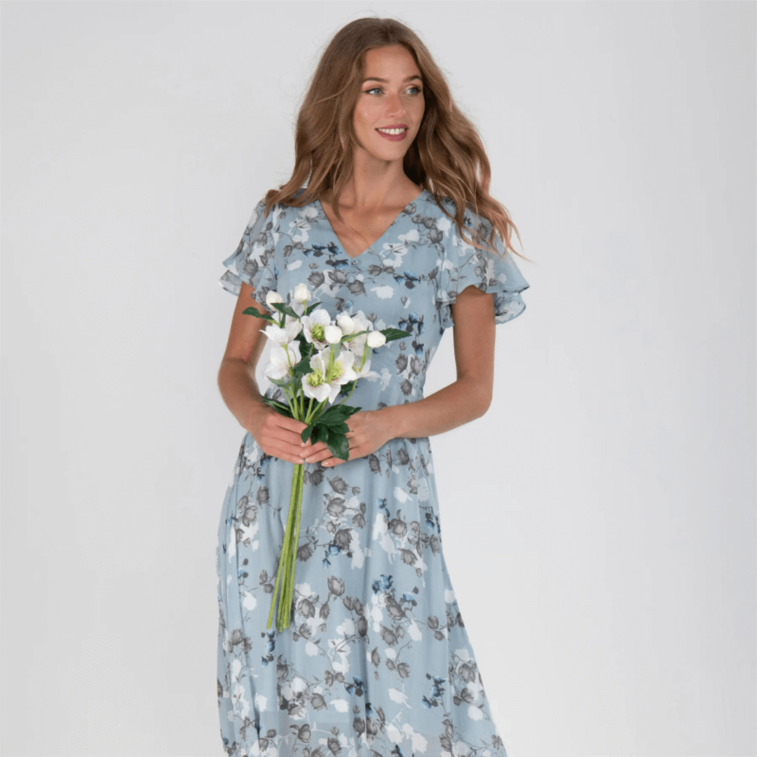 Women’s A-Line Maxi Dress – V-Neck, Flutter Sleeves, Floral Print, Wedding Guest