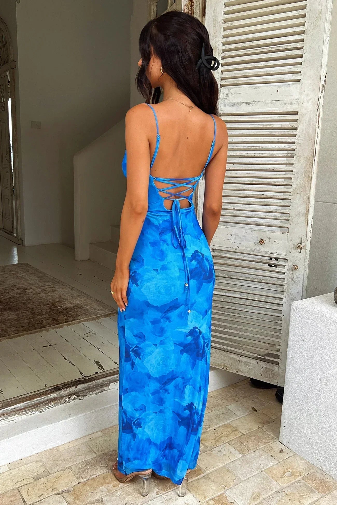 Women’s Blue Floral Maxi Dress – Elegant Sleeveless Summer Evening Dress