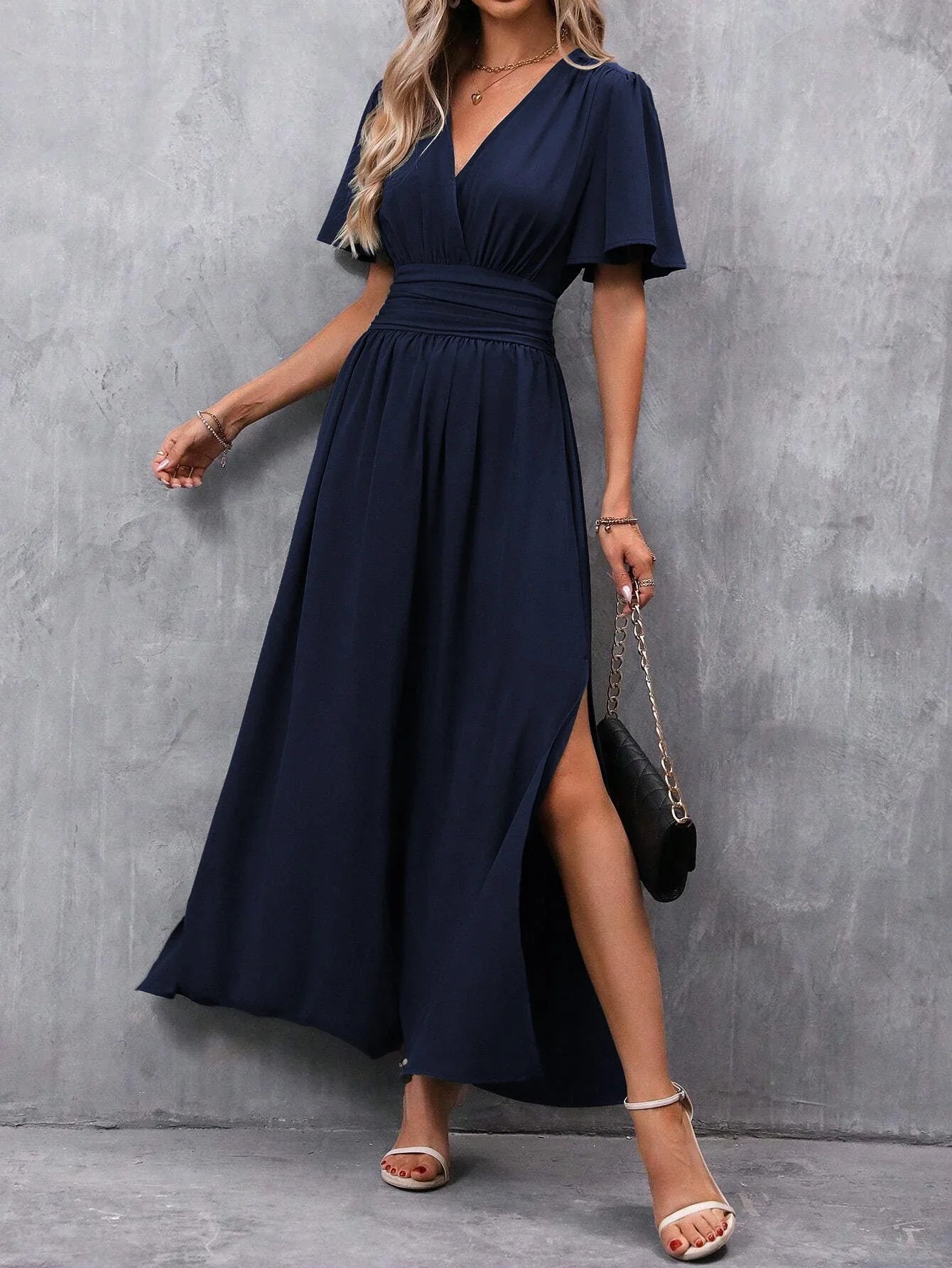 Women’s Flutter-Sleeve Wrap Maxi Dress – Deep V-Neck, High Waist, Side Slit