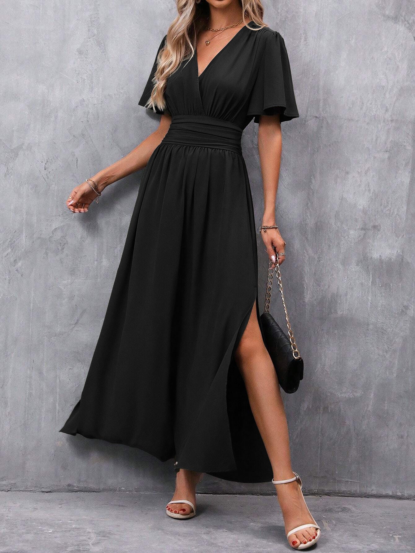 Women’s Flutter-Sleeve Wrap Maxi Dress – Deep V-Neck, High Waist, Side Slit